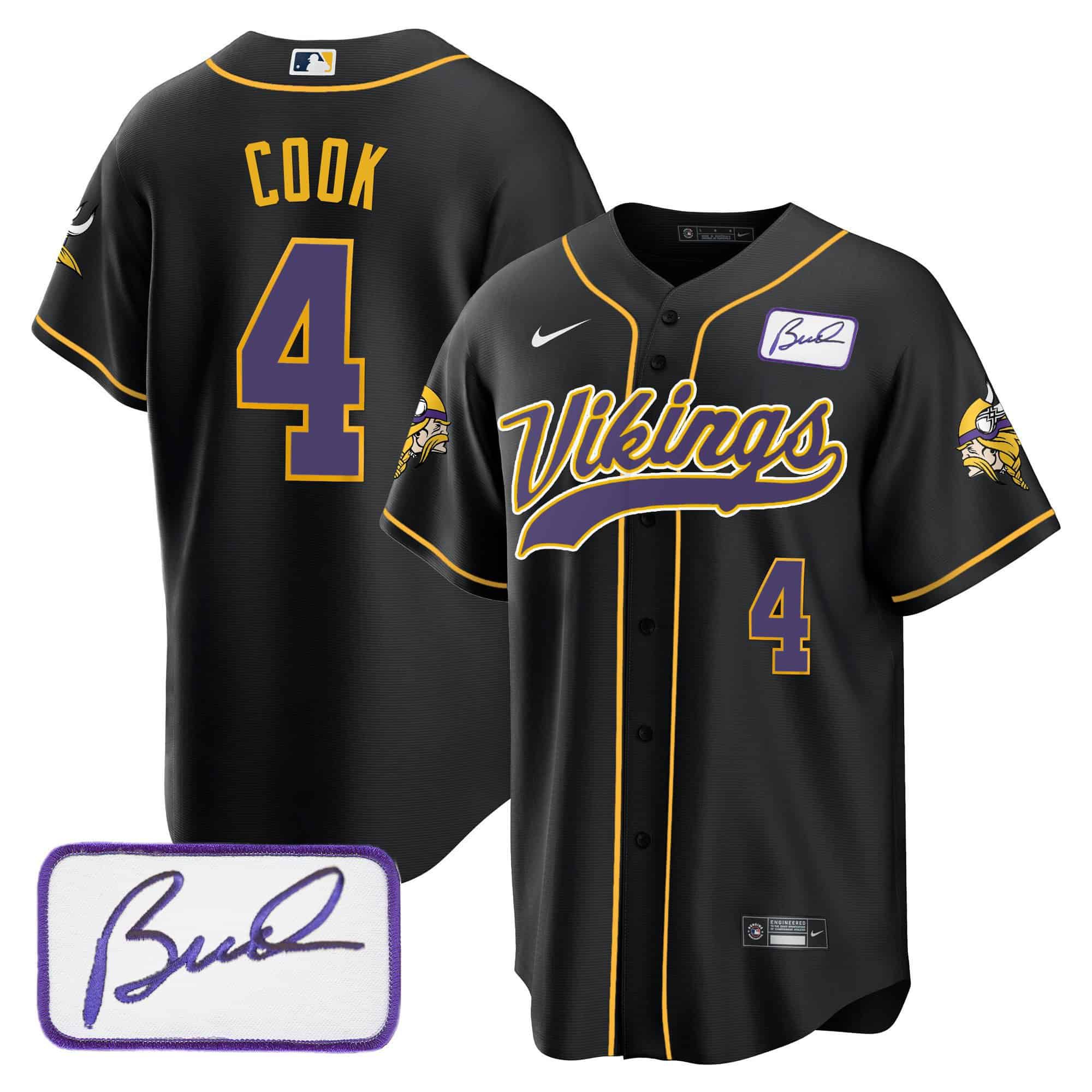 Men Minnesota Vikings 4 Cook Black 2024 Nike Bud Grant Patch Classic Baseball NFL Jersey
